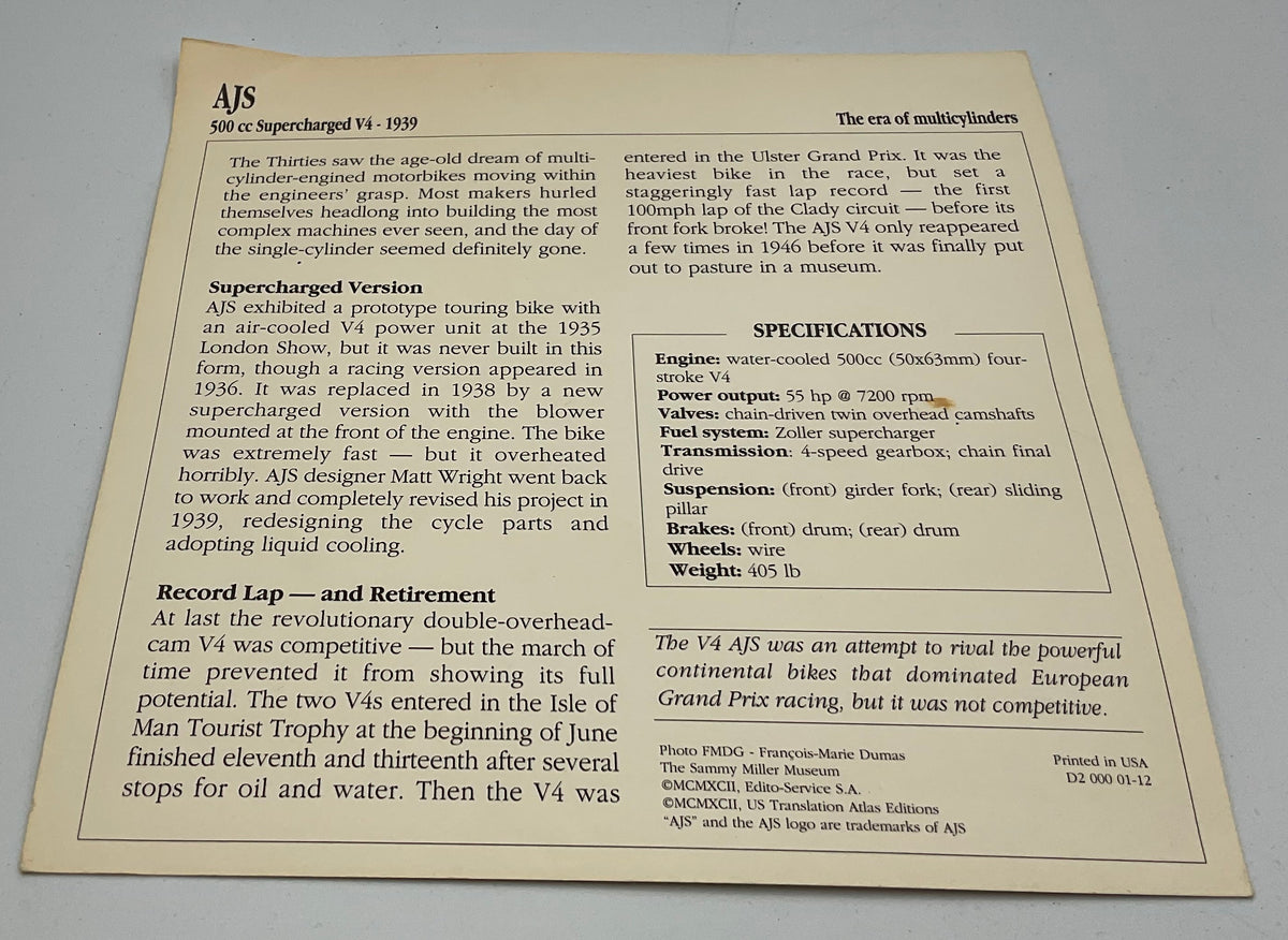 Vintage AJS 500cc Supercharged V4 Competition Motorcycle Info Card Spec Sheet