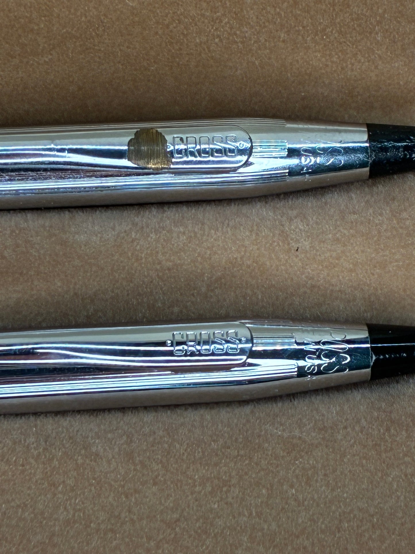 Cross Two-Piece Silvertone Ballpoint Pen Set Blue and Black Ink in Brown Leather Case with Goldtone Trim Lettering