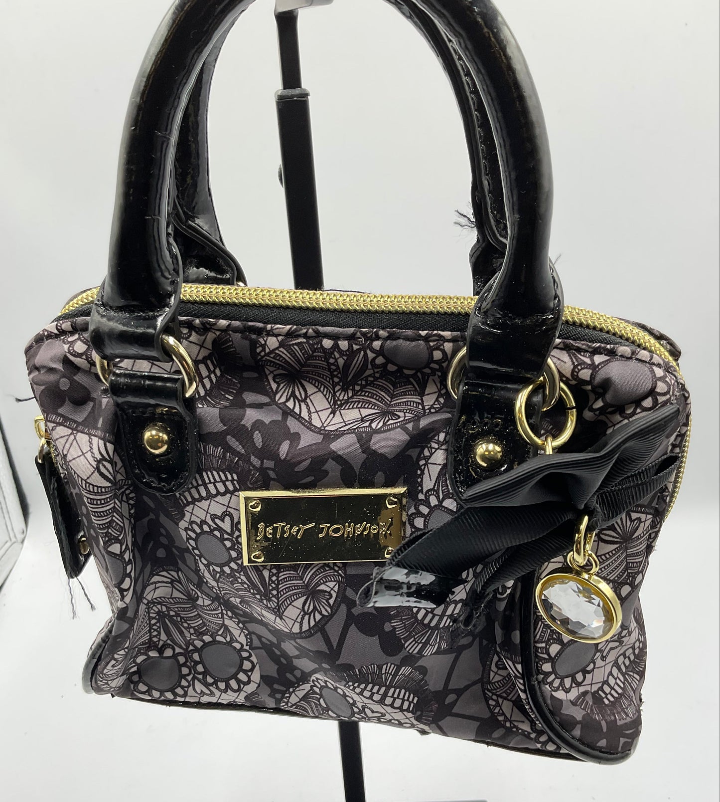 Betsey Johnson Sequin Skull Tote Handbag Bow Goldtone Hardware