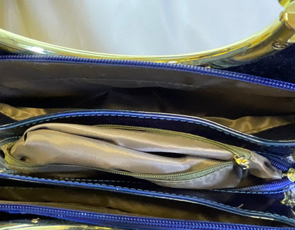 Royal Blue Patent Leather Style Goldtone Accent Zipper Tote Handbag