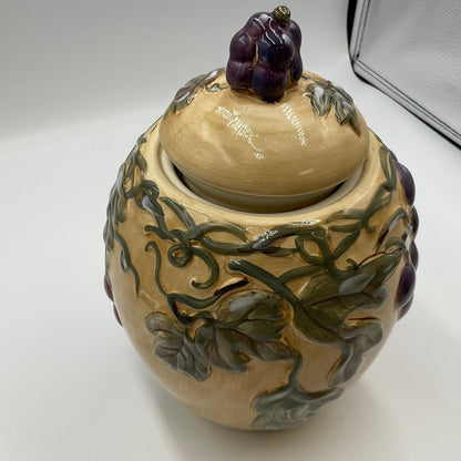 Meritage Ceramic Grape Vine Covered Canister Jar Raised Fruit Design