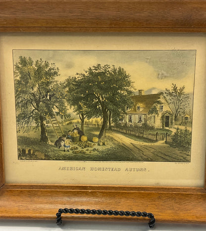 American Homestead Autumn in Wooden Frame Early Currier & Ives Reproduction 7 7/8" x 12 3/8"
