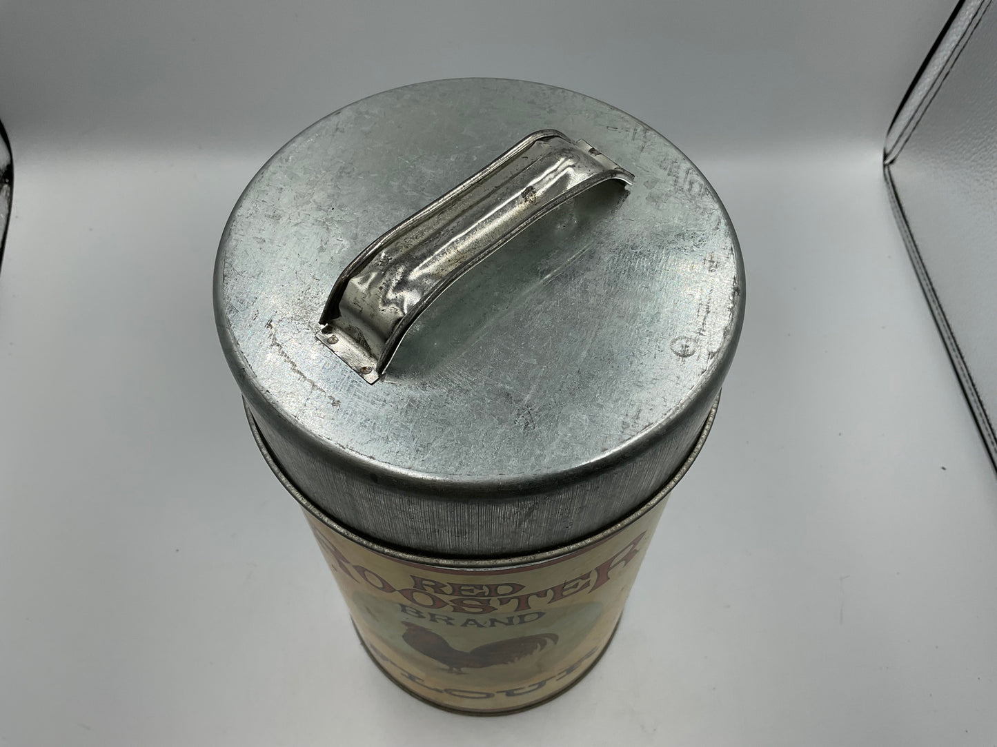 RED ROOSTER Vintage Tin Canister Nesting 4 Cans, Flour Sugar Coffee Tea