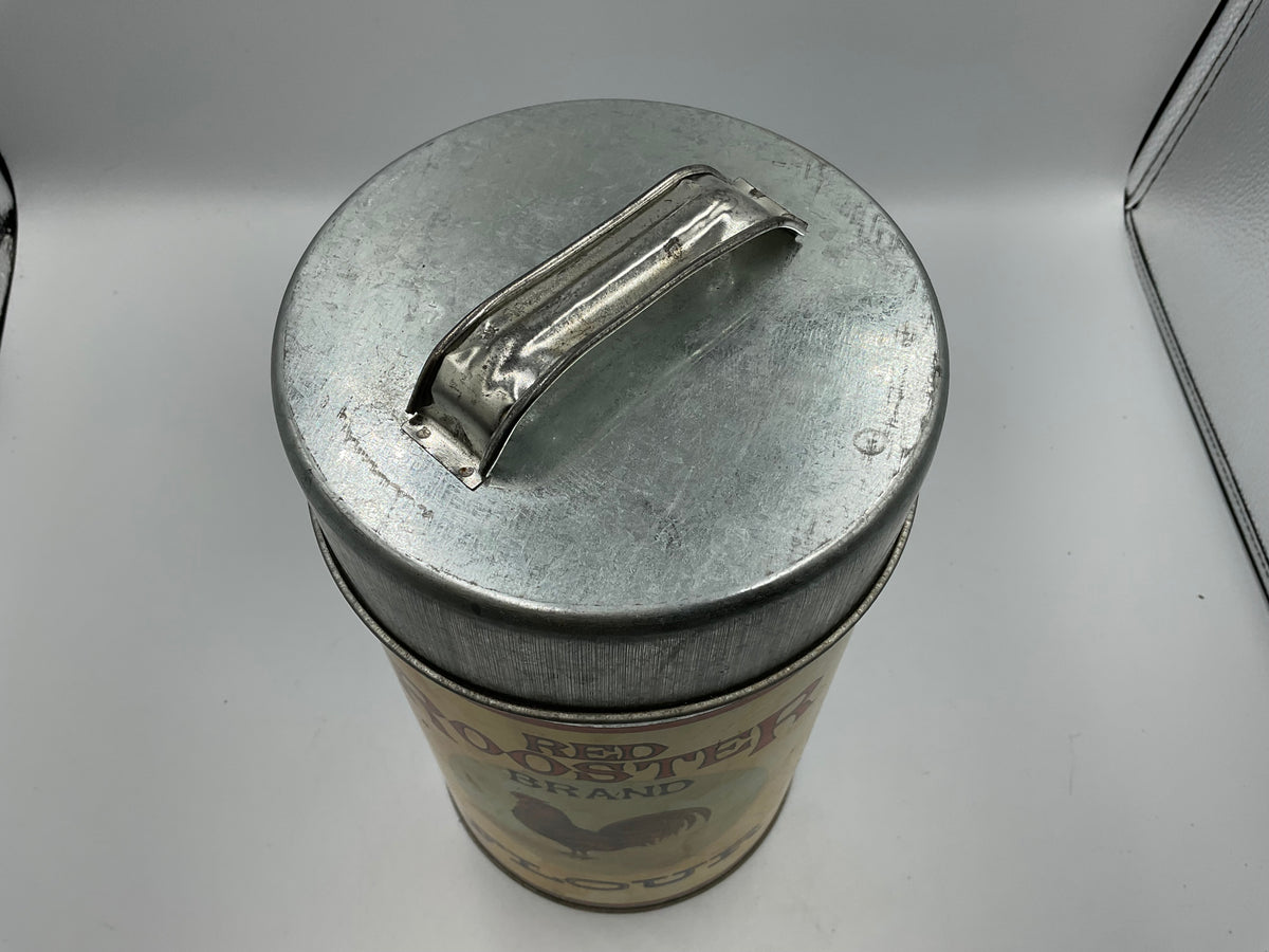 RED ROOSTER Vintage Tin Canister Nesting 4 Cans, Flour Sugar Coffee Tea