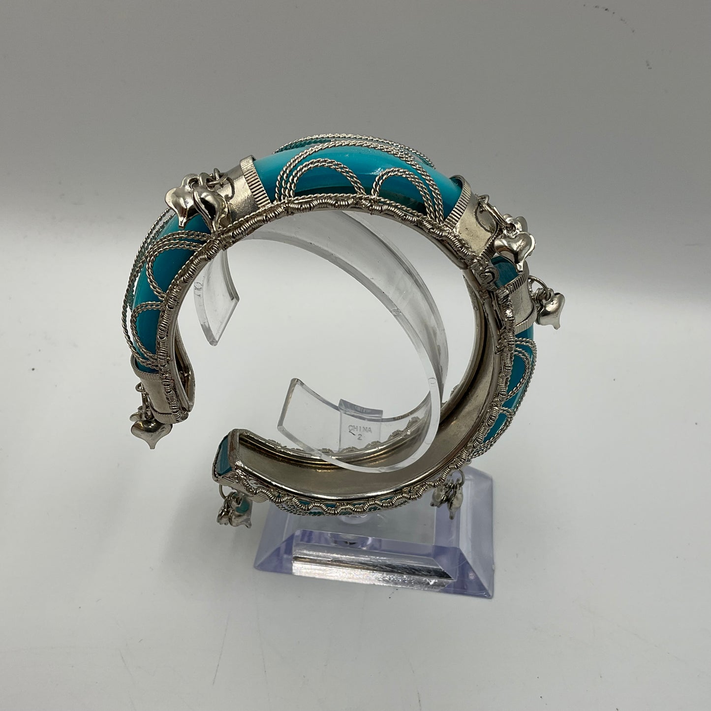 Hinged Bangle Teal Filigree Work with Small Dangled Charms