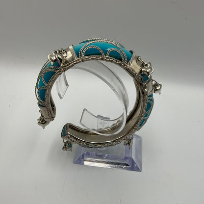 Hinged Bangle Teal Filigree Work with Small Dangled Charms