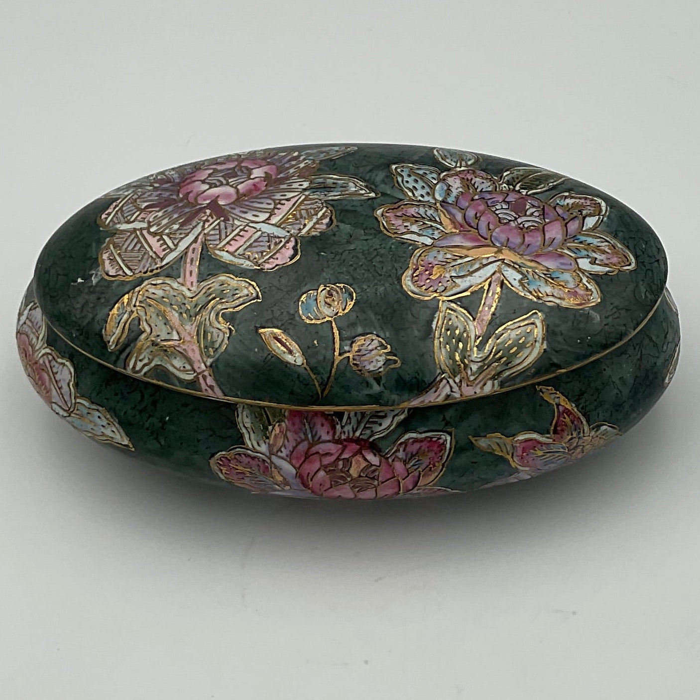 Vintage Antique Asian Hand Painted Oval Chinoiserie Ceramic Trinket Box