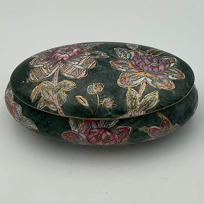 Vintage Antique Asian Hand Painted Oval Chinoiserie Ceramic Trinket Box