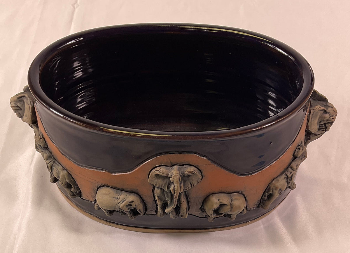 Leland G Shaw Studio Artist Signed High Relief Terra Cota Art Hand-Sculpted Elephants Warriors Planter Pot
