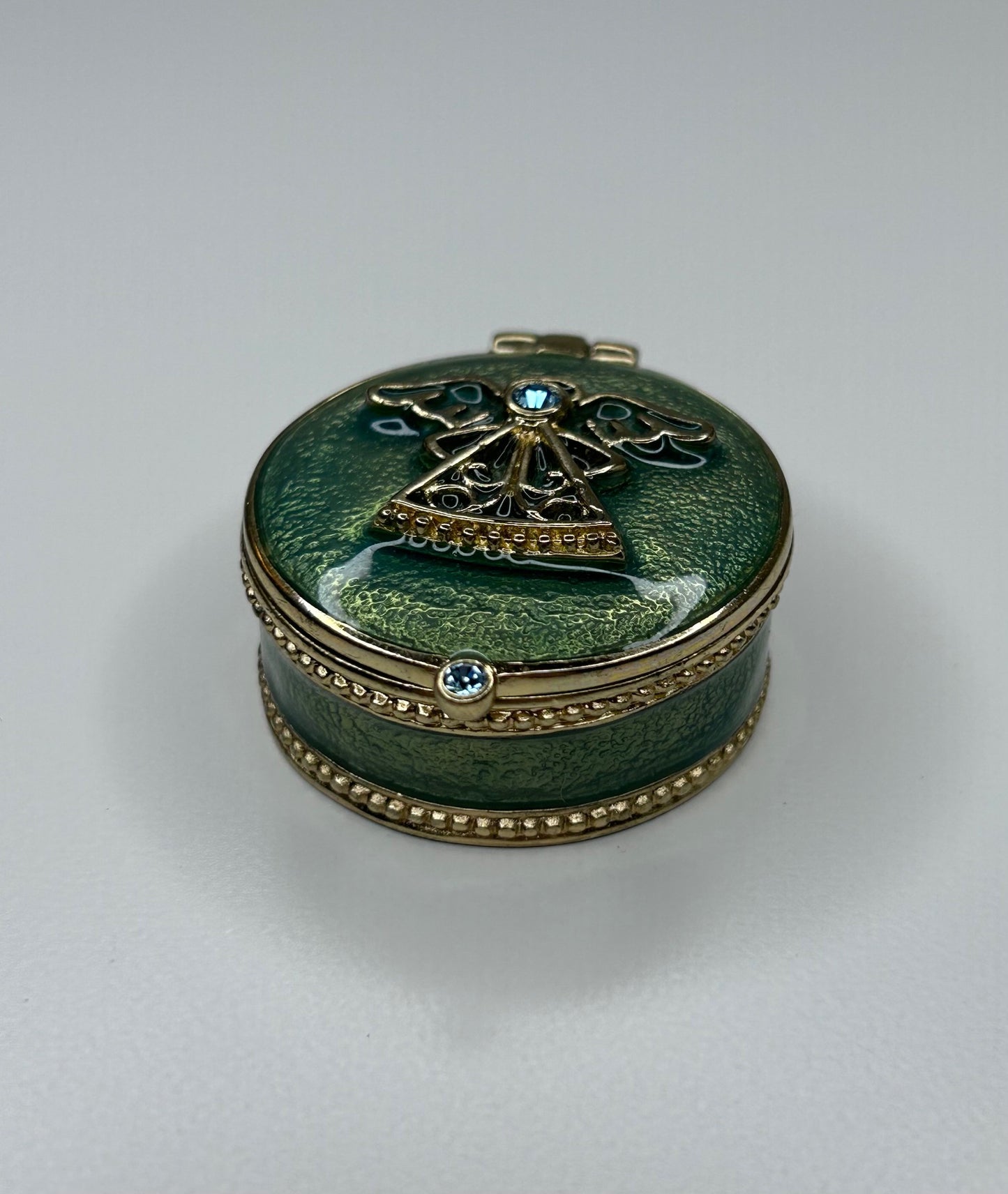 Angel Figure Green Gold Enamel Pill Box Light Blue Rhinestones Magnetic Closure 1.5"