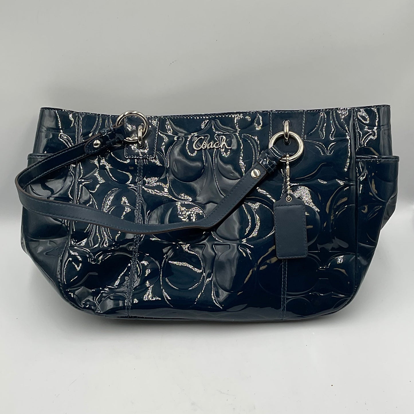 Coach Dark Teal Patent Leather Tote Silvertone Hardware Accents