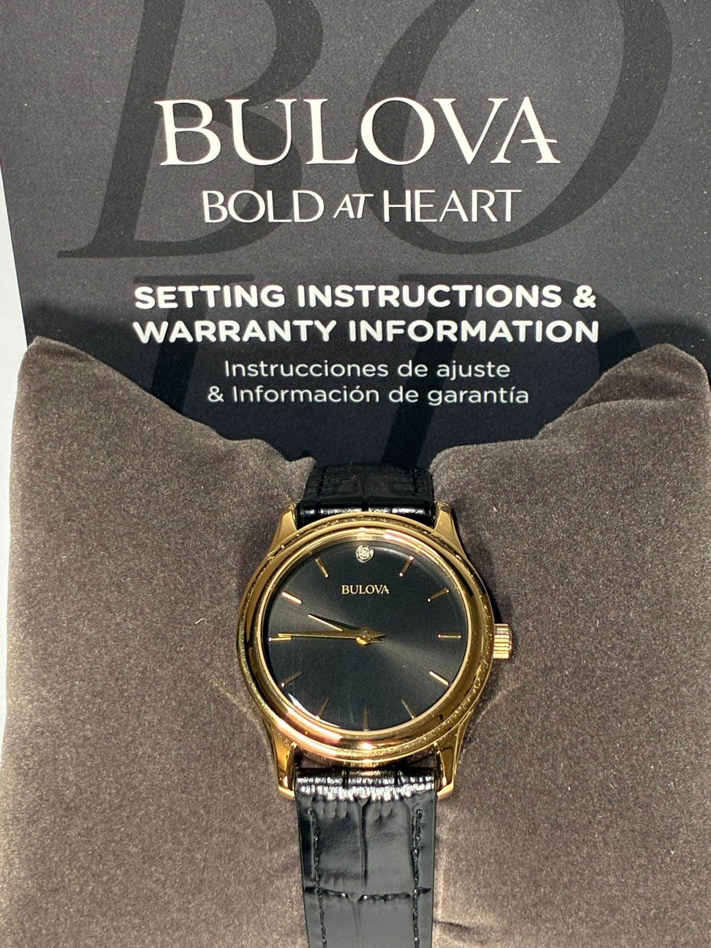 Bulova Diamond Accent Corporate Collection Women's Watch New in Original Box Gold-Tone Sunray Dial Black Leather Straps