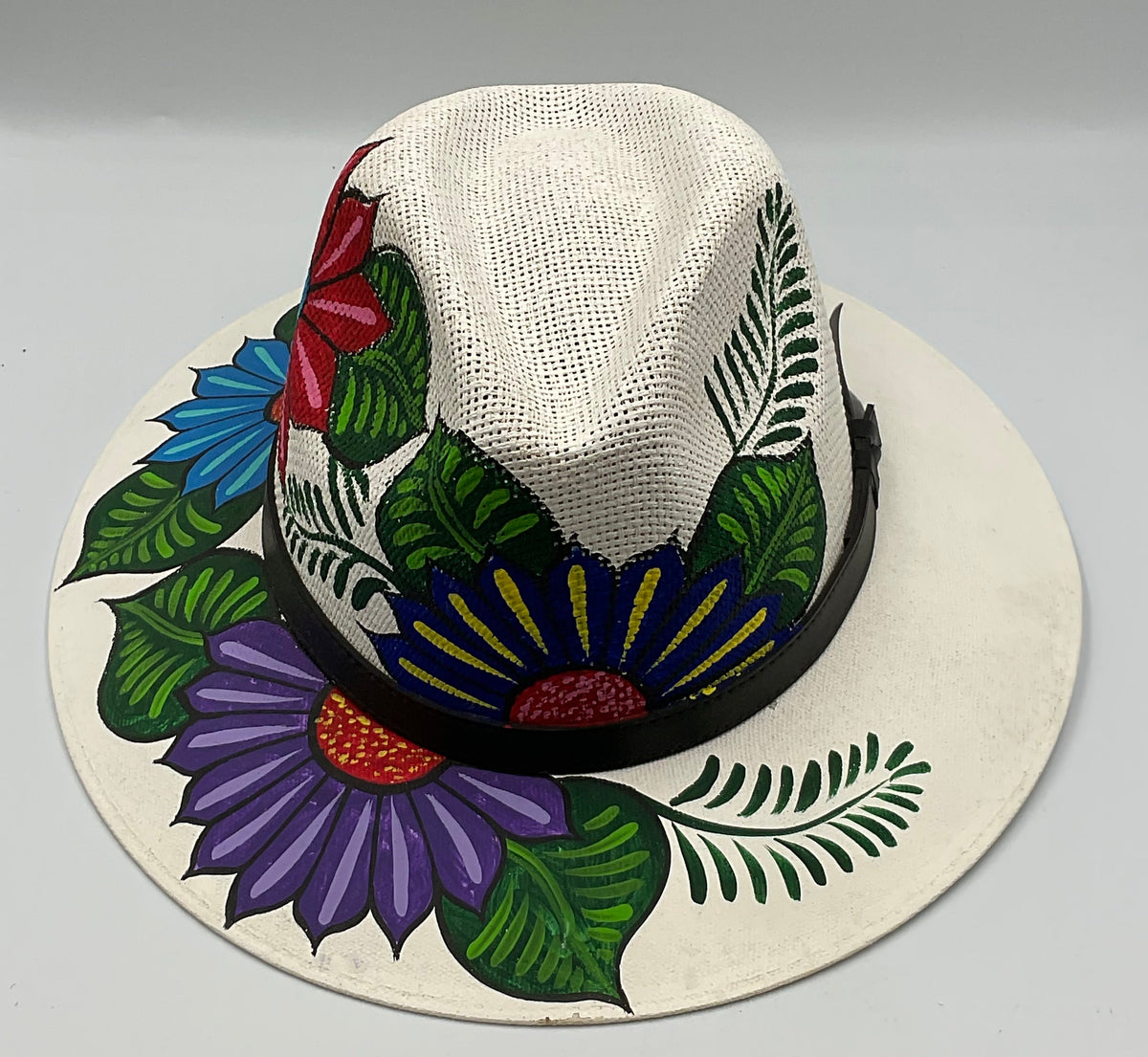 Hand Painted Floral Designed White Fedora Hat Made in Mexico large