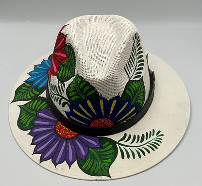 Hand Painted Floral Designed White Fedora Hat Made in Mexico large