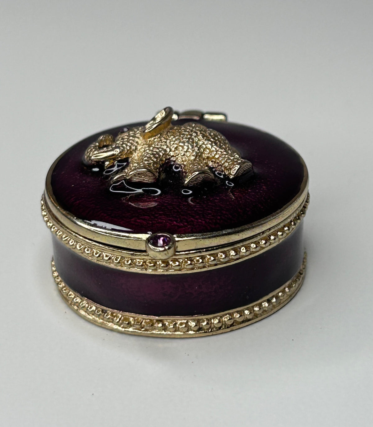 Elephant Pill Box Burgundy and Gold Enamel with Magnetic Closure 1.5" Diameter