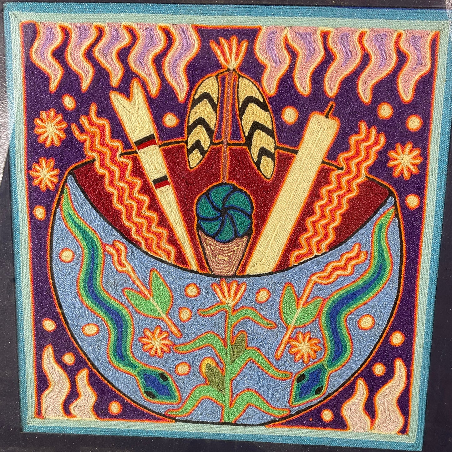Huichol Yarn Painting The Ceremonial Offering Bowl Framed 17in x 17in