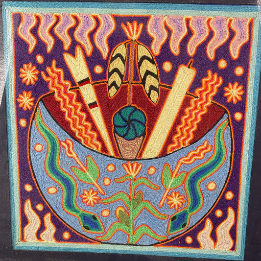 Huichol Yarn Painting The Ceremonial Offering Bowl Framed 17in x 17in
