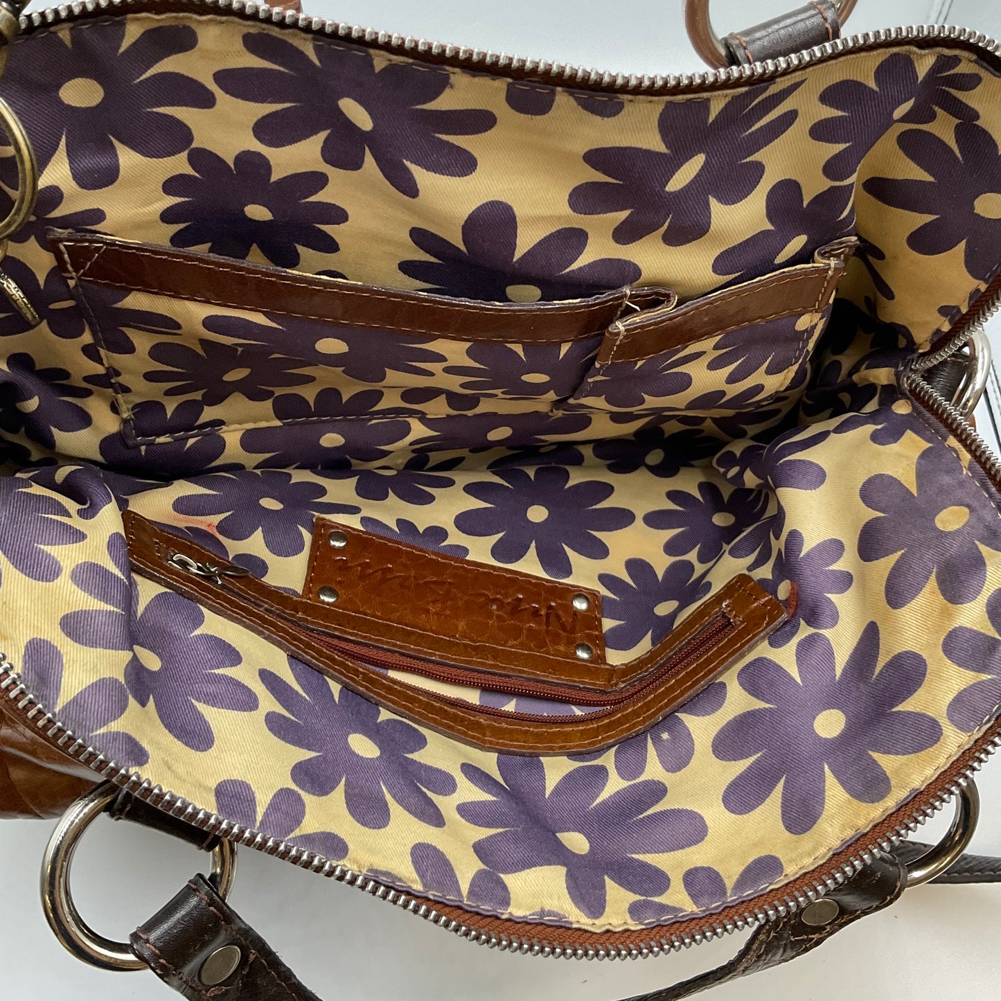 Nina Bossi Brown Leather Purse with purple flower pattern inside