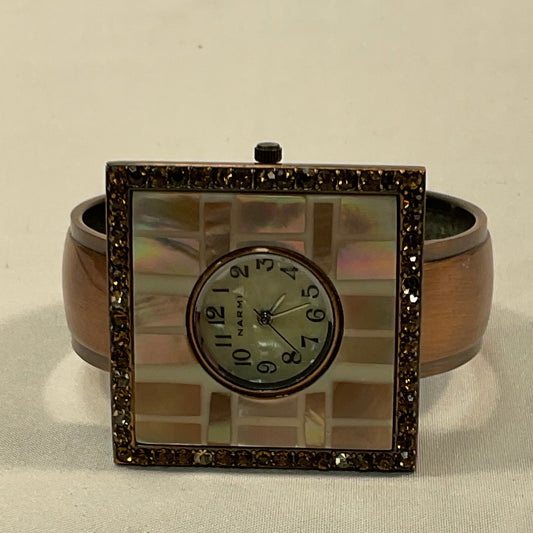 Narmi Rose Gold Mother of Pearl Square Tile Pattern Women's Hinged Bracelet Style Watch