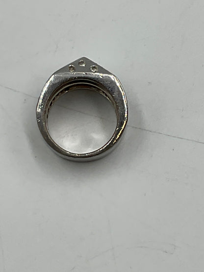 Silver Toned Wide Band Ring Geometric Criicross Clear Rhinestone Accents
