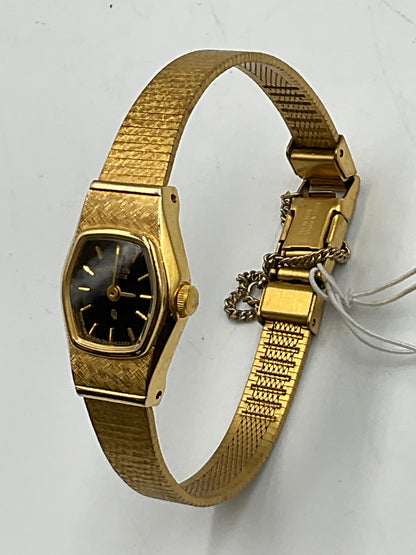 Vintage Citizen Quartz Ladies Gold Tone Watch Black Dial New Battery Working