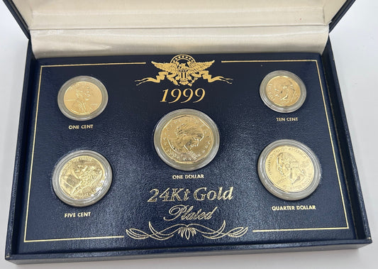 1999 24kt Gold Plated 5 Coin Uncirculated US Mint Proof Set Commemorative Gallery with Display Box