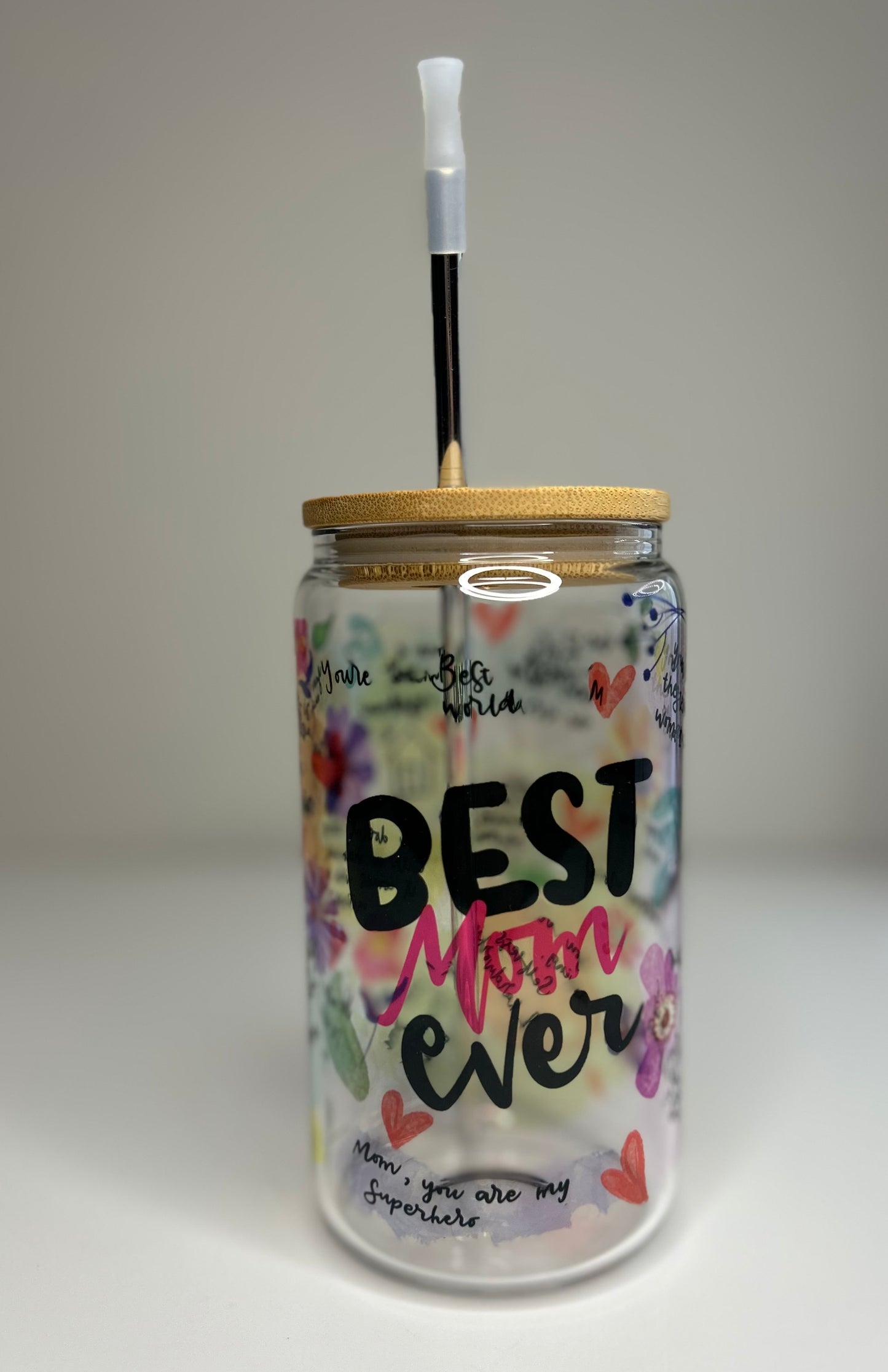 Best Mom Ever Covered Drinking Glass Jar with Straw