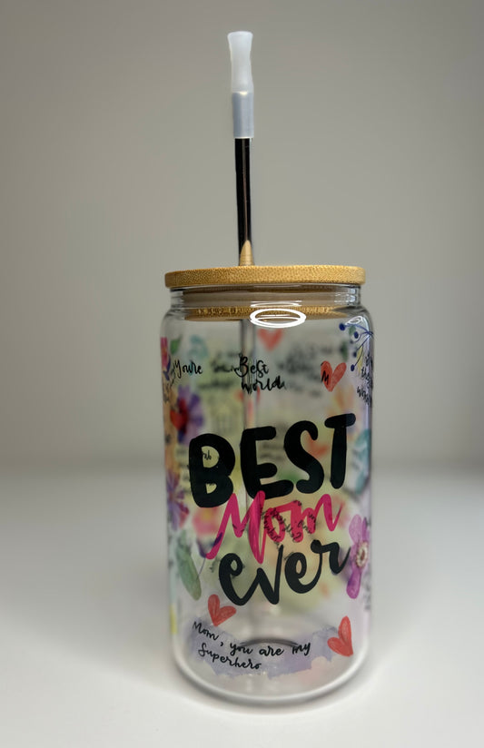 Best Mom Ever Covered Drinking Glass Jar with Straw