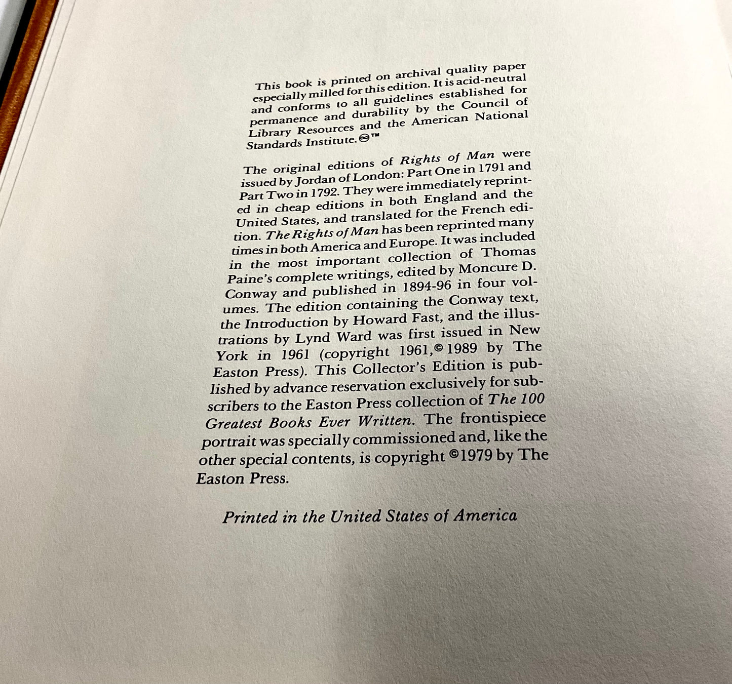 Rights of Man by Thomas Paine Vintage 1979 The Easton Press 100 Greatest Books Ever Written Leather Bound Collector's Edition