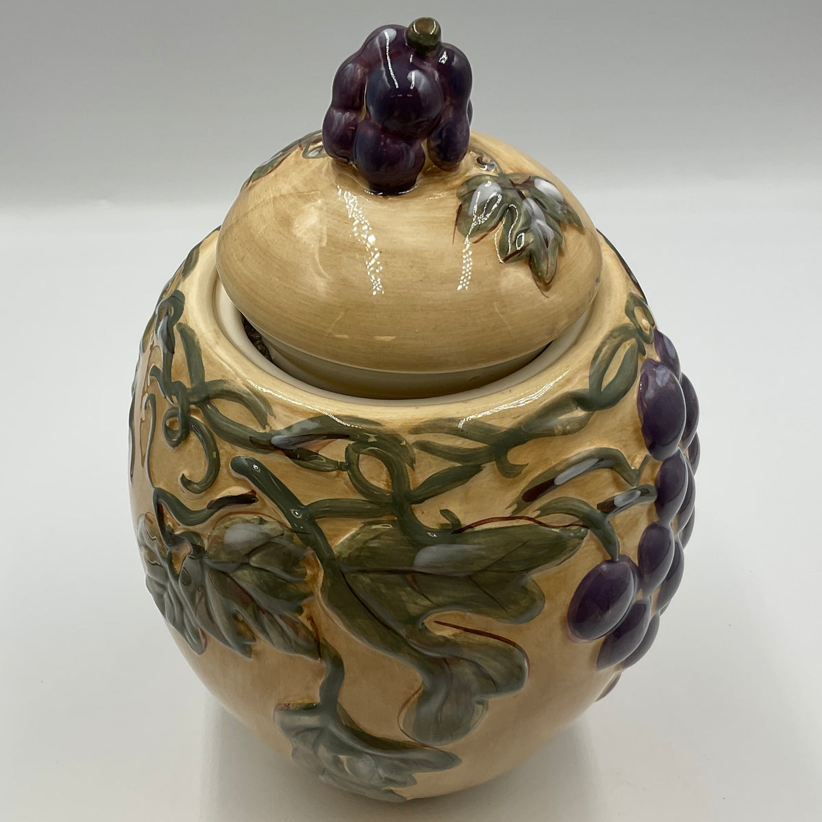Meritage Ceramic Grape Vine Covered Canister Jar Raised Fruit Design