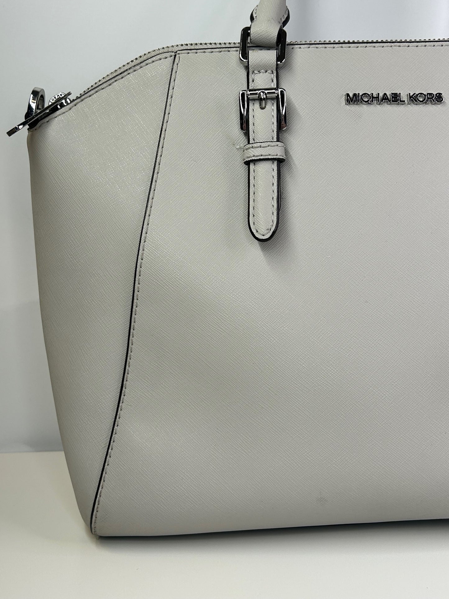 Michael Kors Ciara Large Light Stone Leather Top Zip Satchel Crossbody Purse Bag