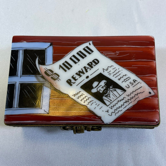 Peint Main Limoges France Marque Deposee Signed PV Hand Painted Wanted Poster Box Mini Removable Revolver