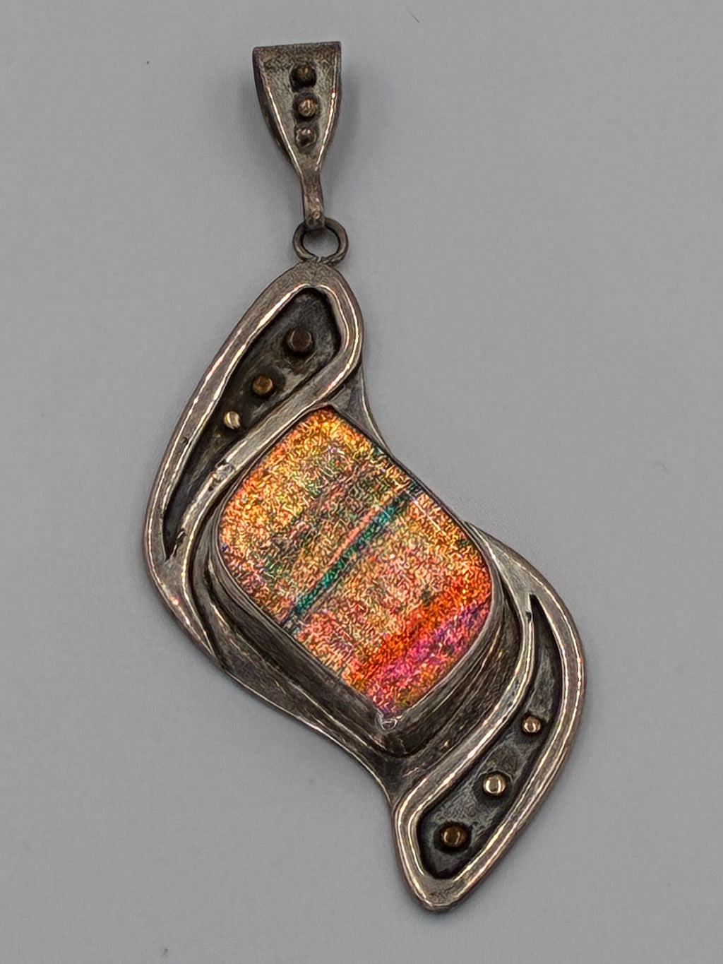 Artisan Dichroic Fused Glass Pendant 14K Gold Sterling Signed CRC As-Is