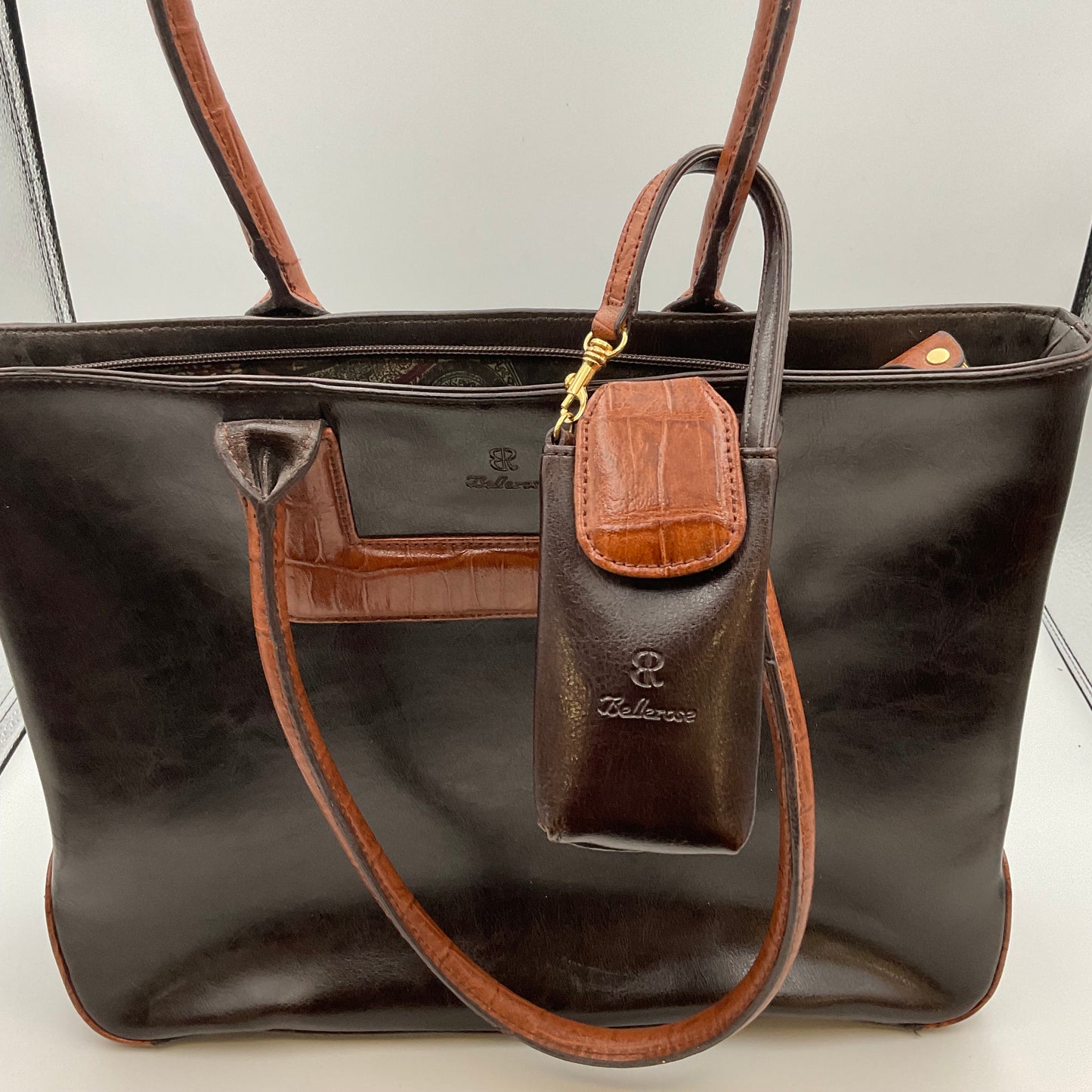 Bellerose Large Brown Tan Handbag Tote Purse with Little Hanging Case