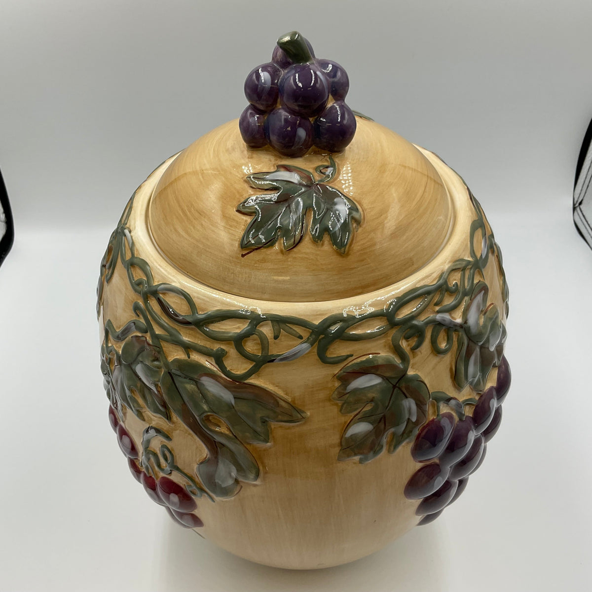 Meritage Ceramic Grape Vine Covered Canister Jar Raised Fruit Design