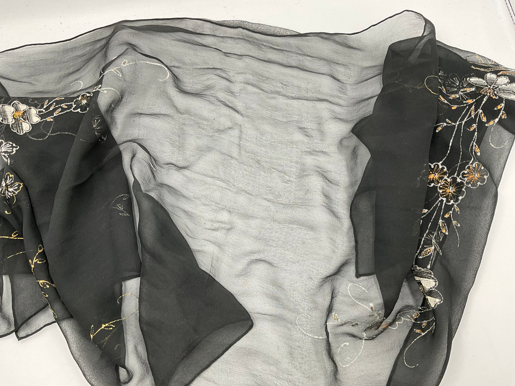 Vintage Black Sheer Floral Embroidered Scarf Wrap Shawl Woman's Accessory