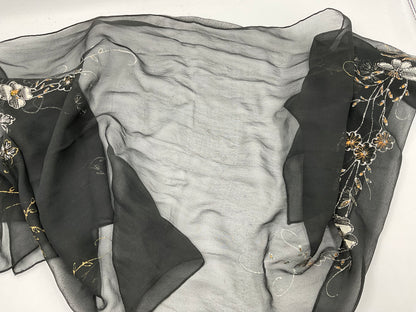 Vintage Black Sheer Floral Embroidered Scarf Wrap Shawl Woman's Accessory