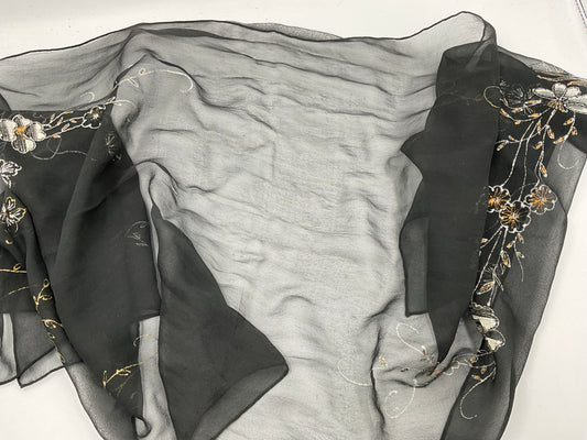 Vintage Black Sheer Floral Embroidered Scarf Wrap Shawl Woman's Accessory