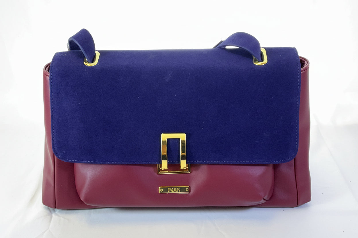 IMAN Global Chic Luxurious Suede and Leather Blue Red Handbag New with Tags