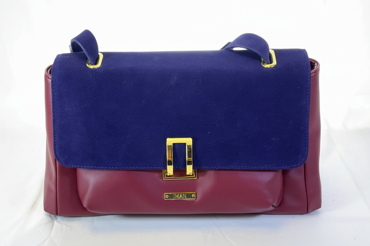 IMAN Global Chic Luxurious Suede and Leather Blue Red Handbag New with Tags