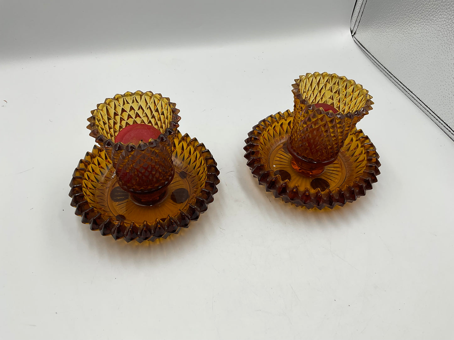 Set of 2 Vintage Diamond Cut Amber Glass Candle Holders