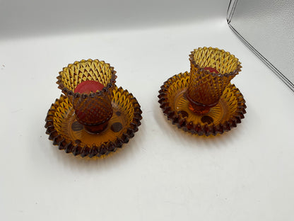 Set of 2 Vintage Diamond Cut Amber Glass Candle Holders