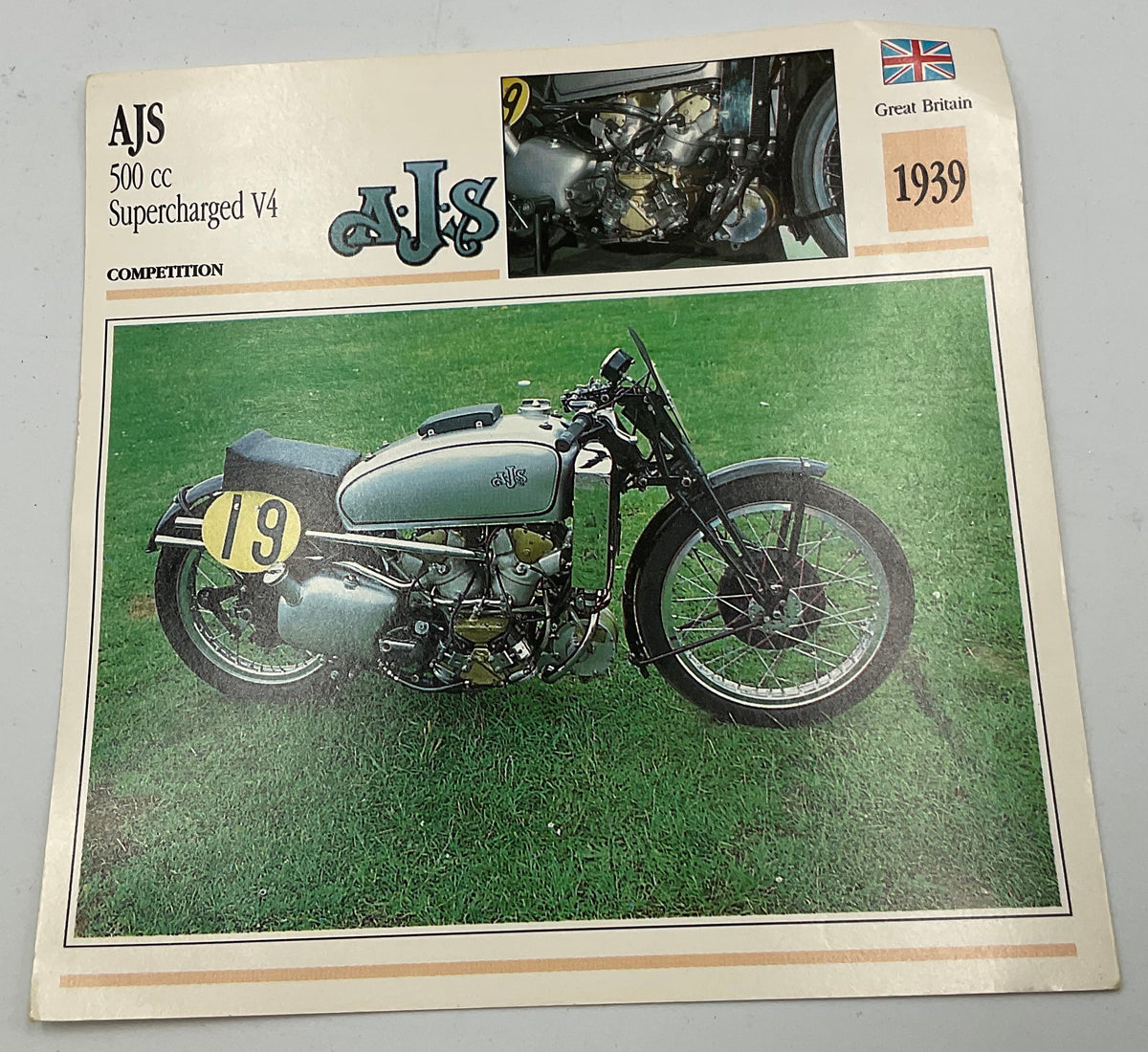 Vintage AJS 500cc Supercharged V4 Competition Motorcycle Info Card Spec Sheet