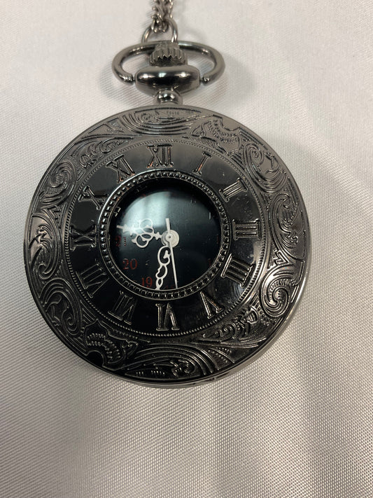 Black Pocket Watch Silvertone Face 15 Inch Chain Working Condition New Battery