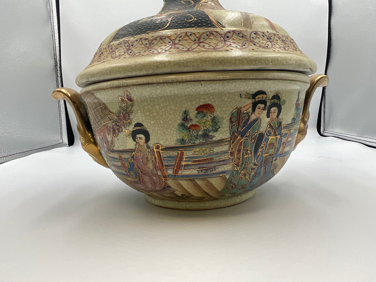 vintage Japanese Satsuma style earthenware covered tureen or casserole dish
