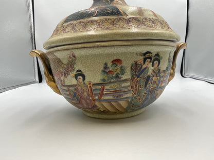 vintage Japanese Satsuma style earthenware covered tureen or casserole dish