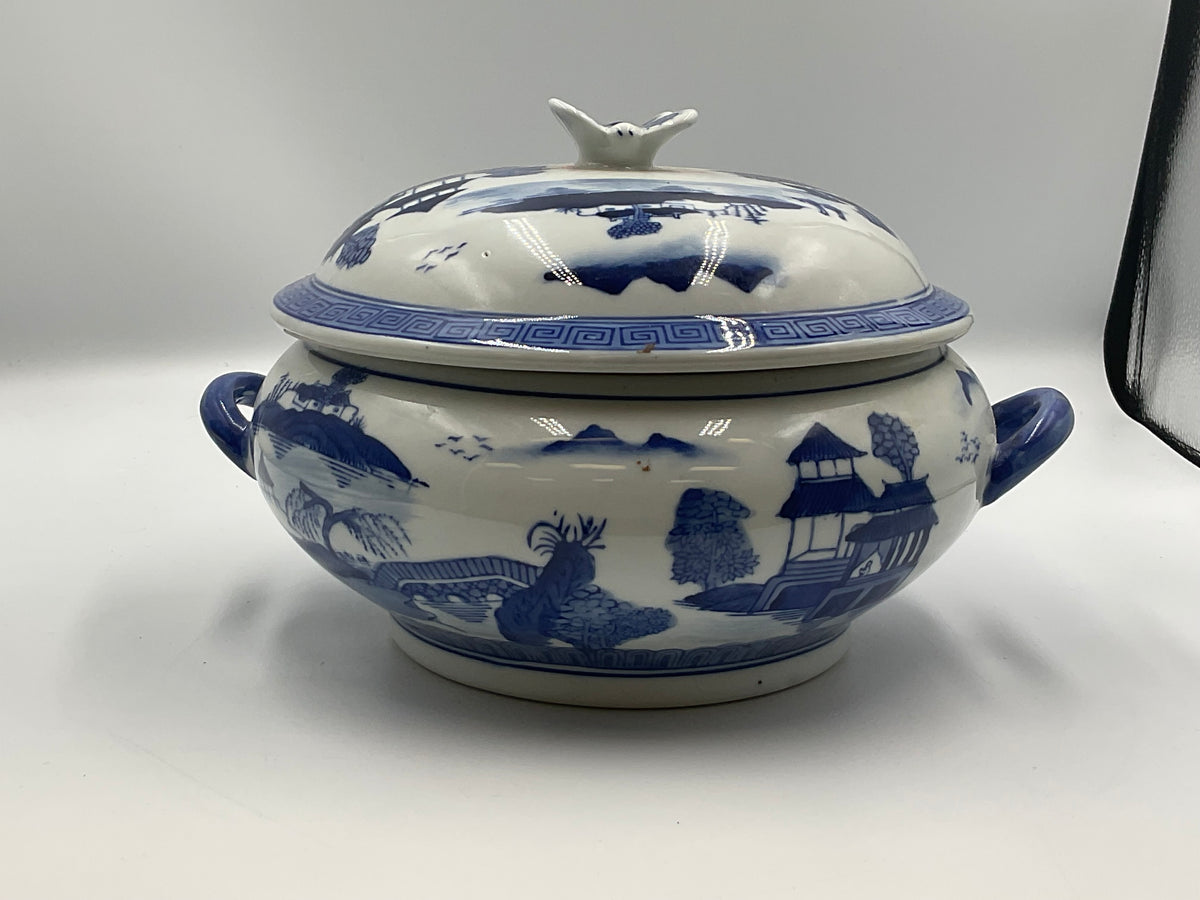 Blue and White Porcelain Lidded Soup Tureen Butterfly Handle Chinoiserie