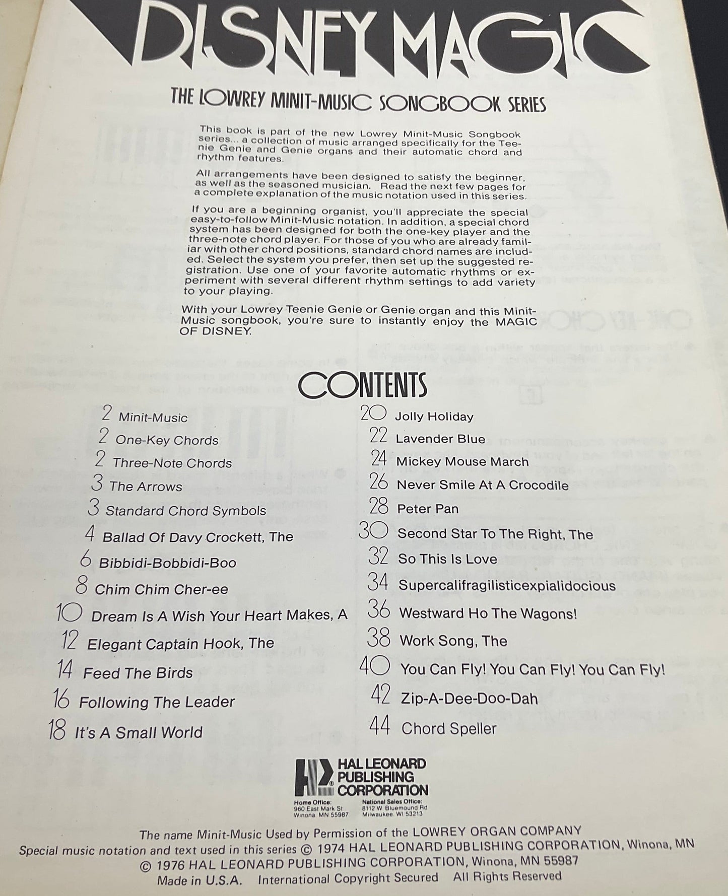 Disney Magic 20 Disney Hits Vintage 1974 Lowrey Minit-Music Songbook Series