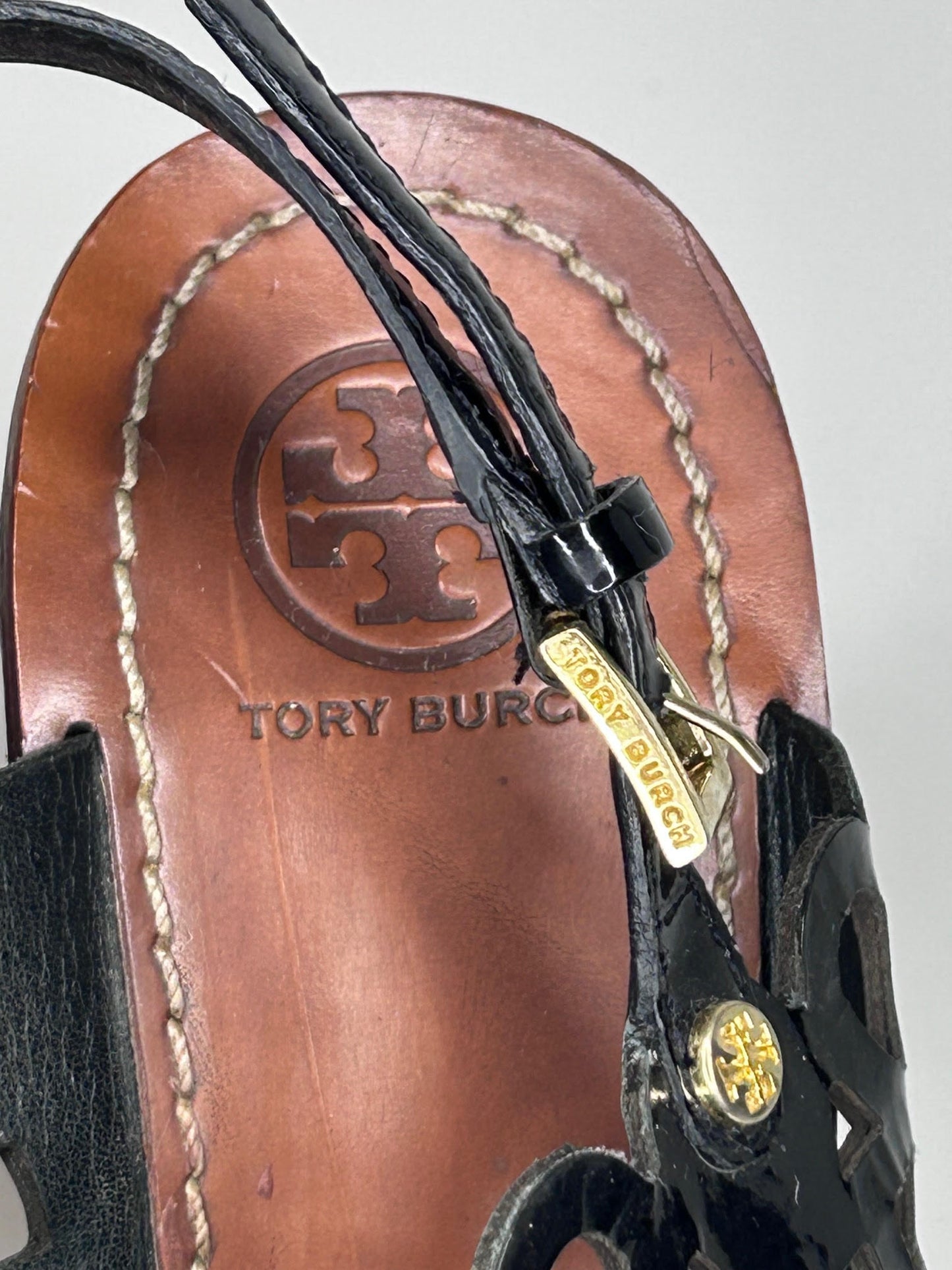 Tory Burch Black Leather Nori Perforated Wedge Sandals Women's Size 10.5 Not in Original Box