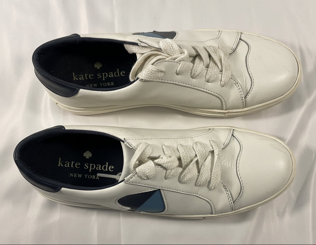 Kate Spade Fez White Black Light Dark Navy Blue Big Logo Leather Women's Sneakers Size 8.5B